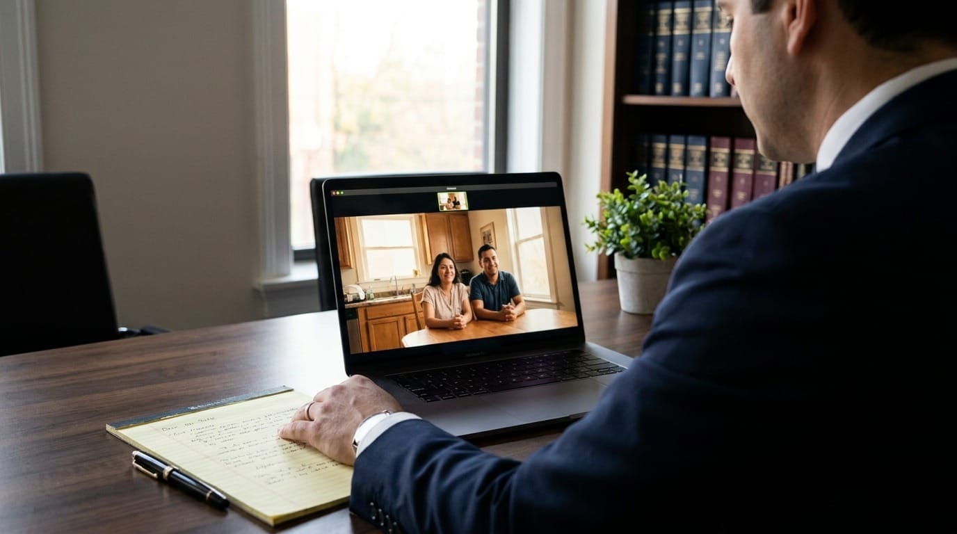 An attorney at his desk on a video consultation with a couple seated at their kitchen table